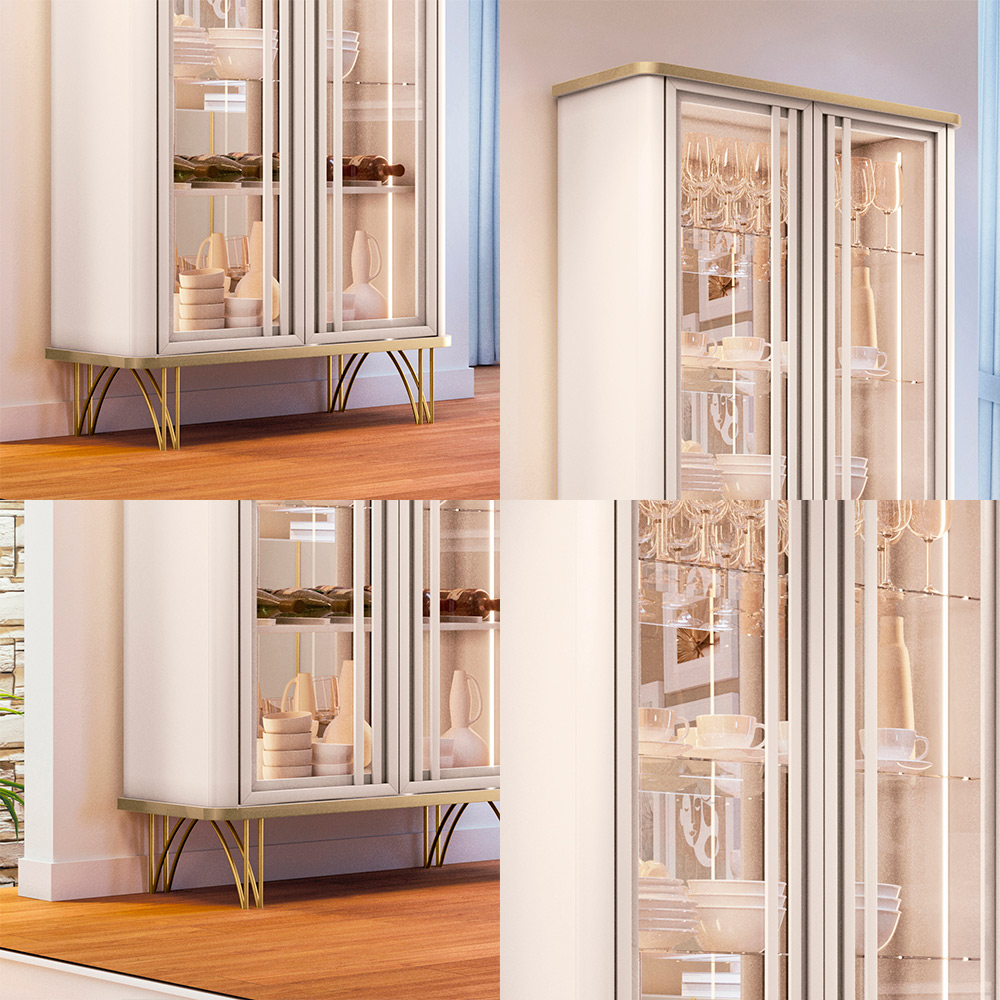 Conjunto Cristaleira Buffet com LED Portas de Vidro Évora/Saluti Off White/Champagne G26 - HB Móveis