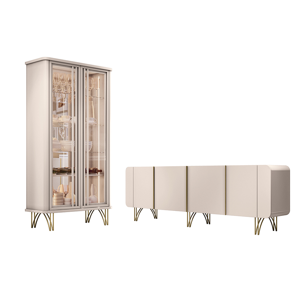 Conjunto Cristaleira Buffet com LED Portas de Vidro Pés Aço Maciço Cor Dourado Texas/Virginia Off White G26 - Gran belo