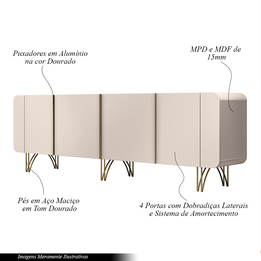 Conjunto Cristaleira Buffet com LED Portas de Vidro Pés Aço Maciço Cor Dourado Texas/Virginia Off White G26 - Gran belo