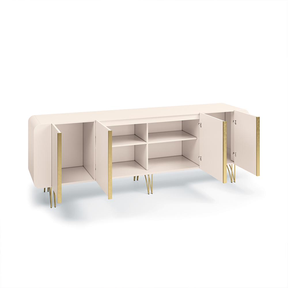 Conjunto Cristaleira Buffet com LED Portas de Vidro Pés Aço Maciço Cor Dourado Texas/Virginia Off White G26 - Gran belo