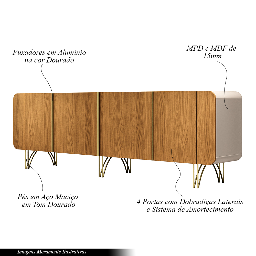 Conjunto Cristaleira Buffet com LED Portas de Vidro Pés Aço Maciço Cor Dourado Texas/Virginia Off White/Cinamomo G26 - Gran belo