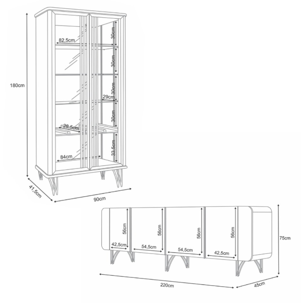 Conjunto Cristaleira Buffet com LED Portas de Vidro Pés Aço Maciço Cor Dourado Texas/Virginia Off White/Cinamomo G26 - Gran belo