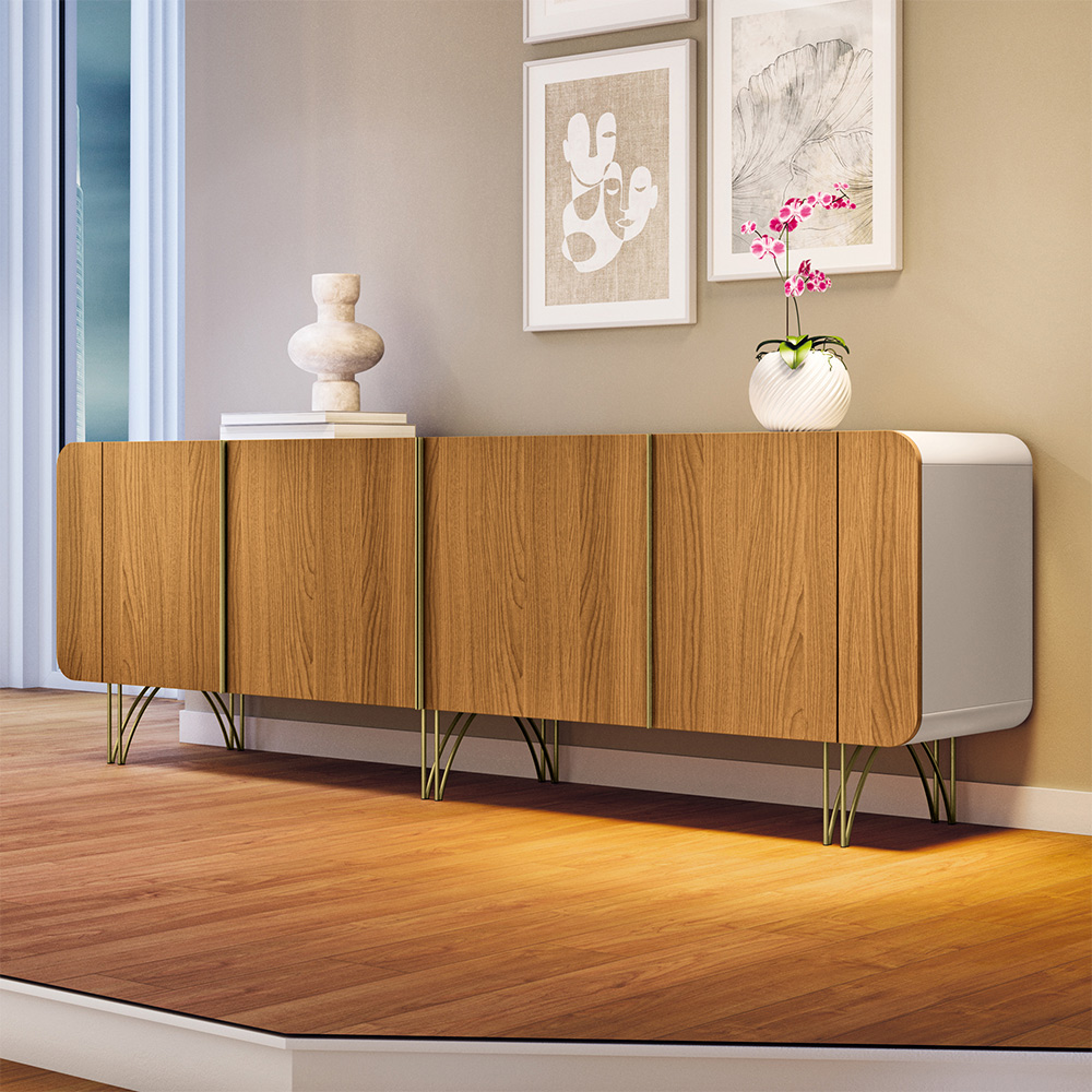 Conjunto Cristaleira Buffet com LED Portas de Vidro Pés Aço Maciço Cor Dourado Texas/Virginia Off White/Cinamomo G26 - Gran belo