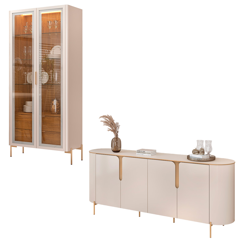 Conjunto Cristaleira Decorativa Vitória 2 Portas de Vidro e Buffet América 4 Portas Pés Metálicos Dourados Off White/Freijó G18 - Gran Belo