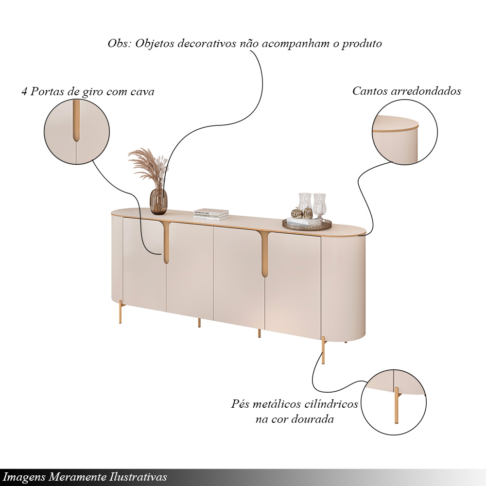 Conjunto Cristaleira Decorativa Vitória 2 Portas de Vidro e Buffet América 4 Portas Pés Metálicos Dourados Off White/Freijó G18 - Gran Belo