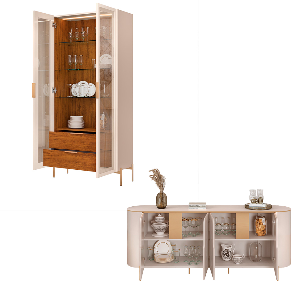 Conjunto Cristaleira Decorativa Vitória 2 Portas de Vidro e Buffet América 4 Portas Pés Metálicos Dourados Off White/Freijó G18 - Gran Belo