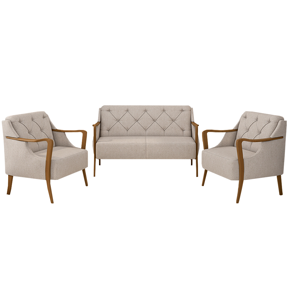 Conjunto Decorativo 2 Poltronas e 1 Namoradeira 2 Lugares Hand Linho Bege G45 - Gran Belo
