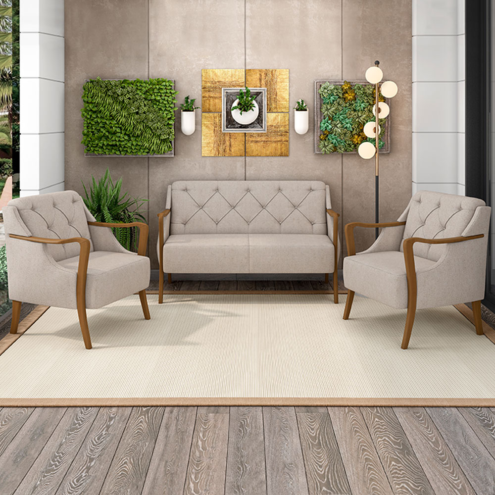 Conjunto Decorativo 2 Poltronas e 1 Namoradeira 2 Lugares Hand Linho Bege G45 - Gran Belo