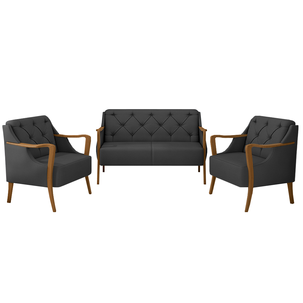 Conjunto Decorativo 2 Poltronas e 1 Namoradeira 2 Lugares Hand PU Preto G45 - Gran Belo
