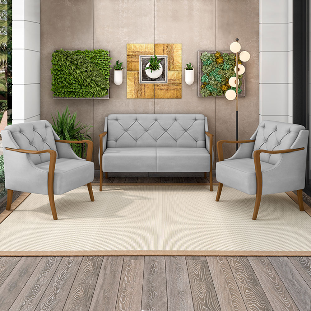 Conjunto Decorativo 2 Poltronas e 1 Namoradeira 2 Lugares Hand Veludo Cinza G45 - Gran Belo