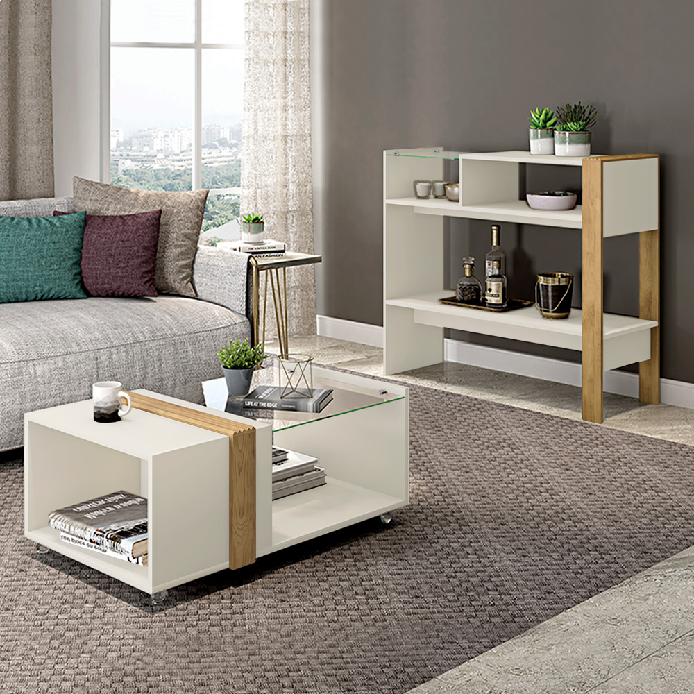 Conjunto Decorativo Aparador Buffet e Mesa De Centro Rennes MDP OffWhite/Lamina Mel G11 - Gran Belo