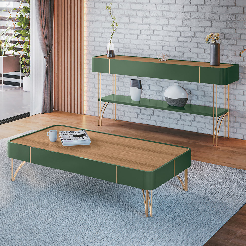 Conjunto Decorativo Aparador e Mesa de Centro Rennes MDP/MDF Pés de Aço Verde Pistache/Freijó G26 - Gran Belo