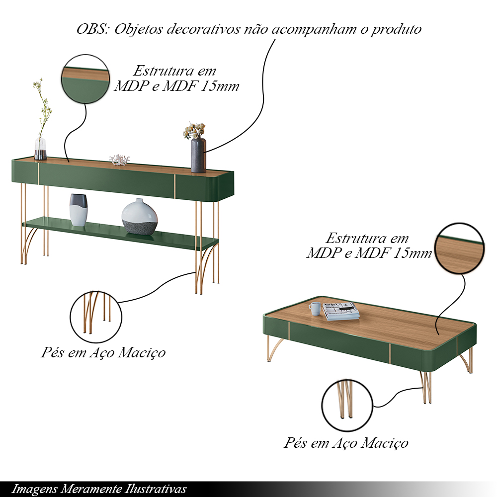 Conjunto Decorativo Aparador e Mesa de Centro Rennes MDP/MDF Pés de Aço Verde Pistache/Freijó G26 - Gran Belo