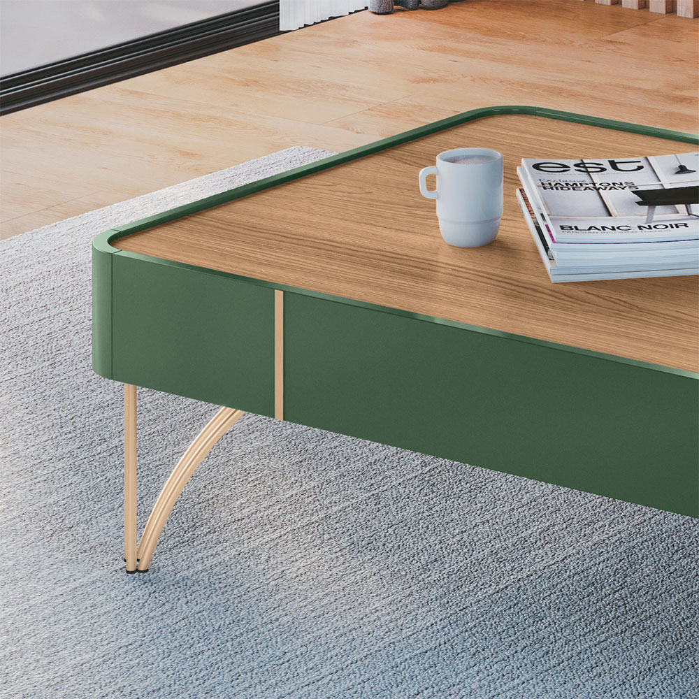 Conjunto Decorativo Aparador e Mesa de Centro Rennes MDP/MDF Pés de Aço Verde Pistache/Freijó G26 - Gran Belo