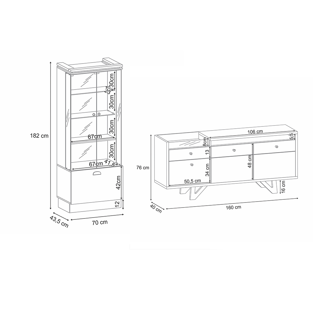 Conjunto Decorativo Cristaleira c/Adega e Buffet Aparador c/Bandeja Lateral Aura/Sollare Cinamomo/OffWhite G26 - HB Móveis