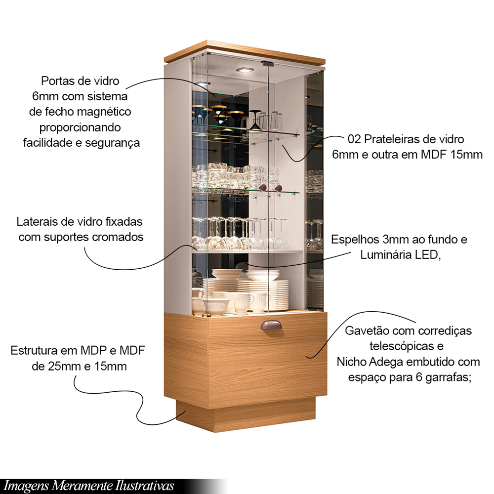 Conjunto Decorativo Cristaleira c/Adega e Buffet Aparador c/Bandeja Lateral Aura/Sollare Cinamomo/OffWhite G26 - HB Móveis
