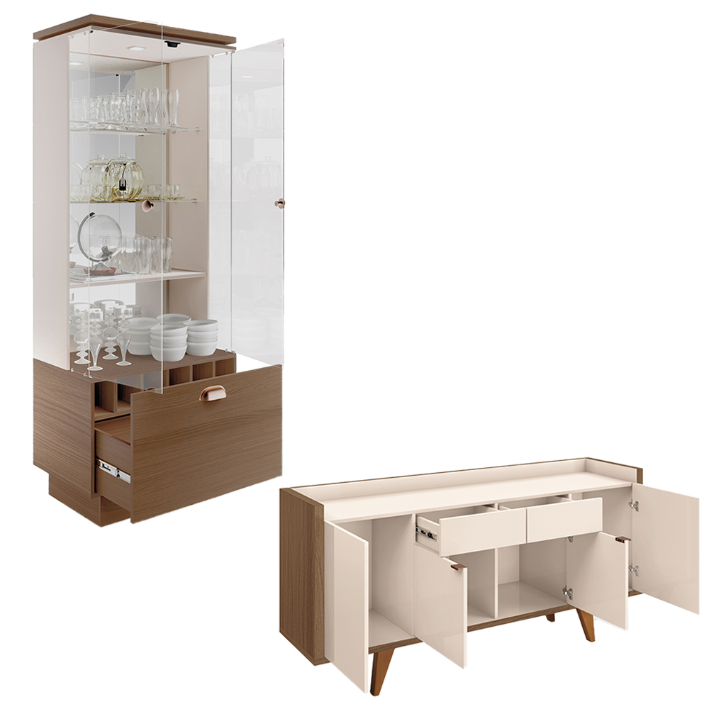 Conjunto Decorativo Cristaleira e Buffet Aparador Peggy/Albâni Off White/Castanho G26 - Gran Belo