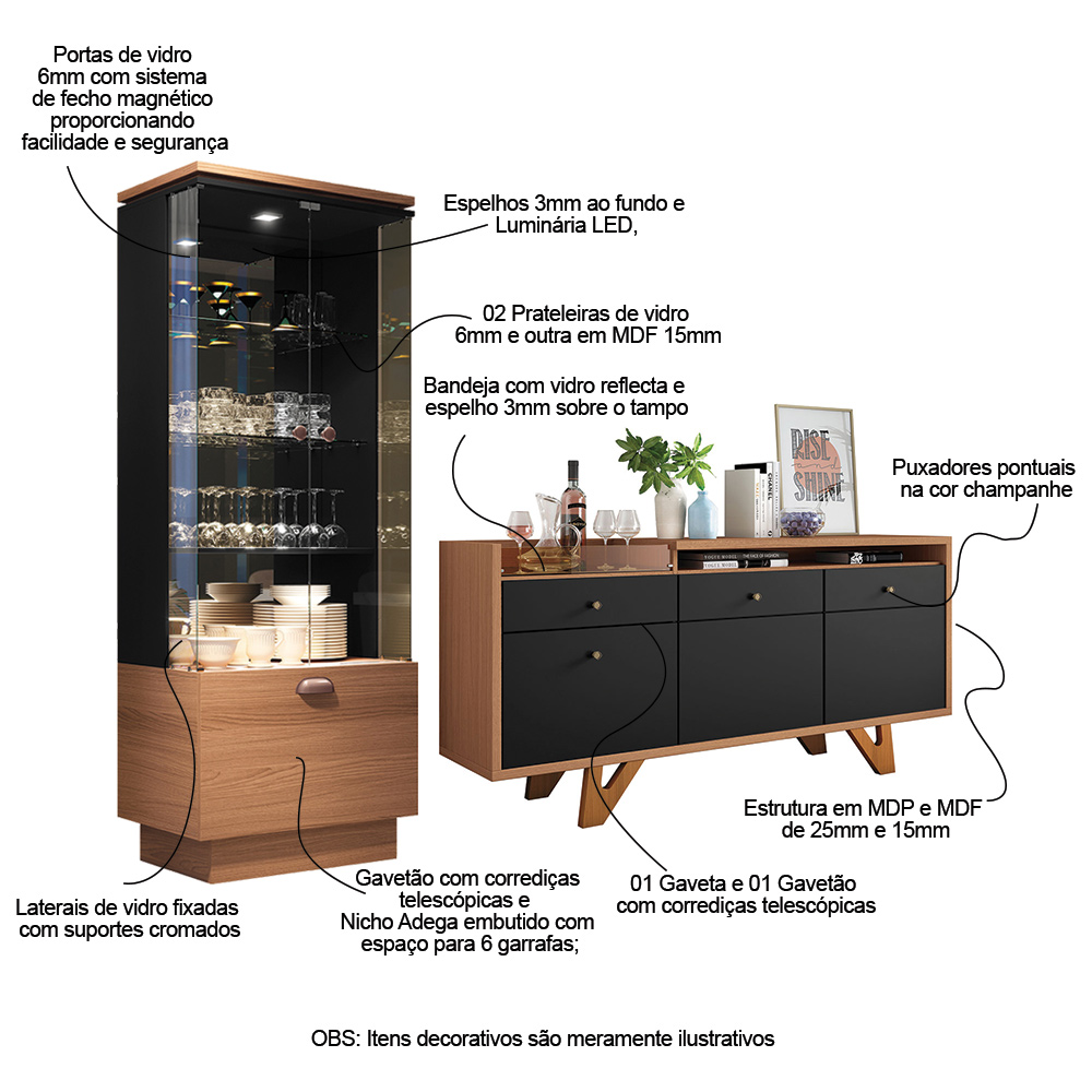 Conjunto Decorativo Cristaleira e Buffet Aparador Peggy/Noeli Preto / Nature G26 - Gran Belo