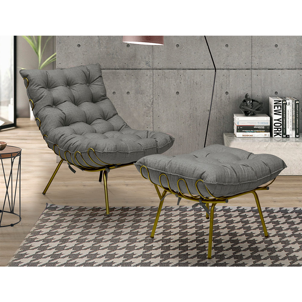 Conjunto Decorativo Poltrona e Puff Abel Base de Ferro Dourada Linho Grafite G41 - Gran Belo