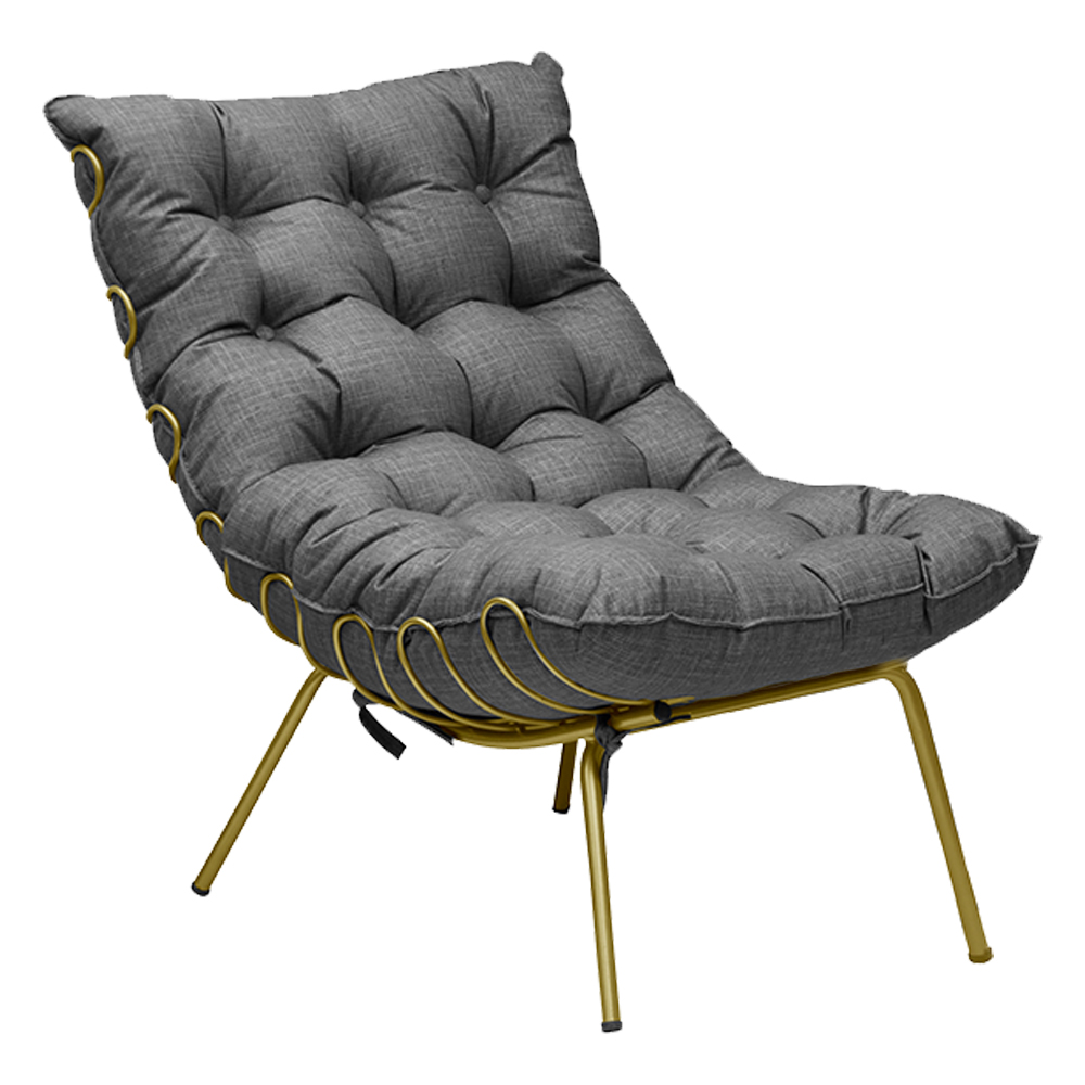 Conjunto Decorativo Poltrona e Puff Abel Base de Ferro Dourada Linho Grafite G41 - Gran Belo