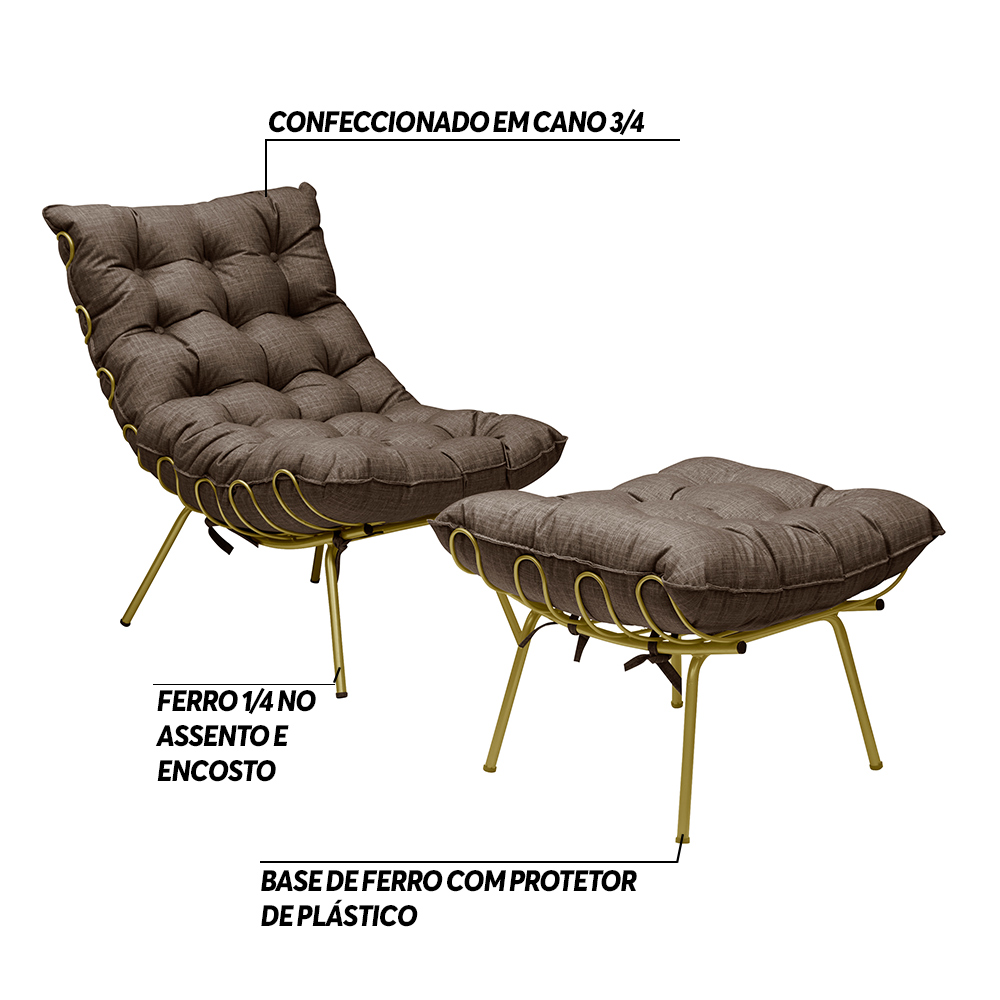 Conjunto Decorativo Poltrona e Puff Abel Base de Ferro Dourada Linho Marrom G41 - Gran Belo