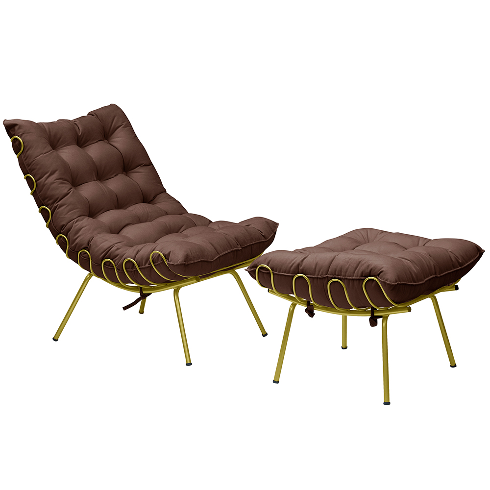 Conjunto Decorativo Poltrona e Puff Abel Base de Ferro Dourada Suede Chocolate G41 - Gran Belo