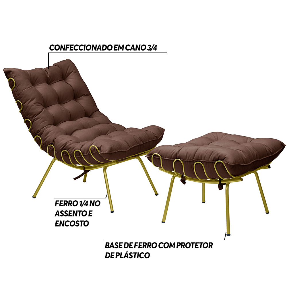 Conjunto Decorativo Poltrona e Puff Abel Base de Ferro Dourada Suede Chocolate G41 - Gran Belo
