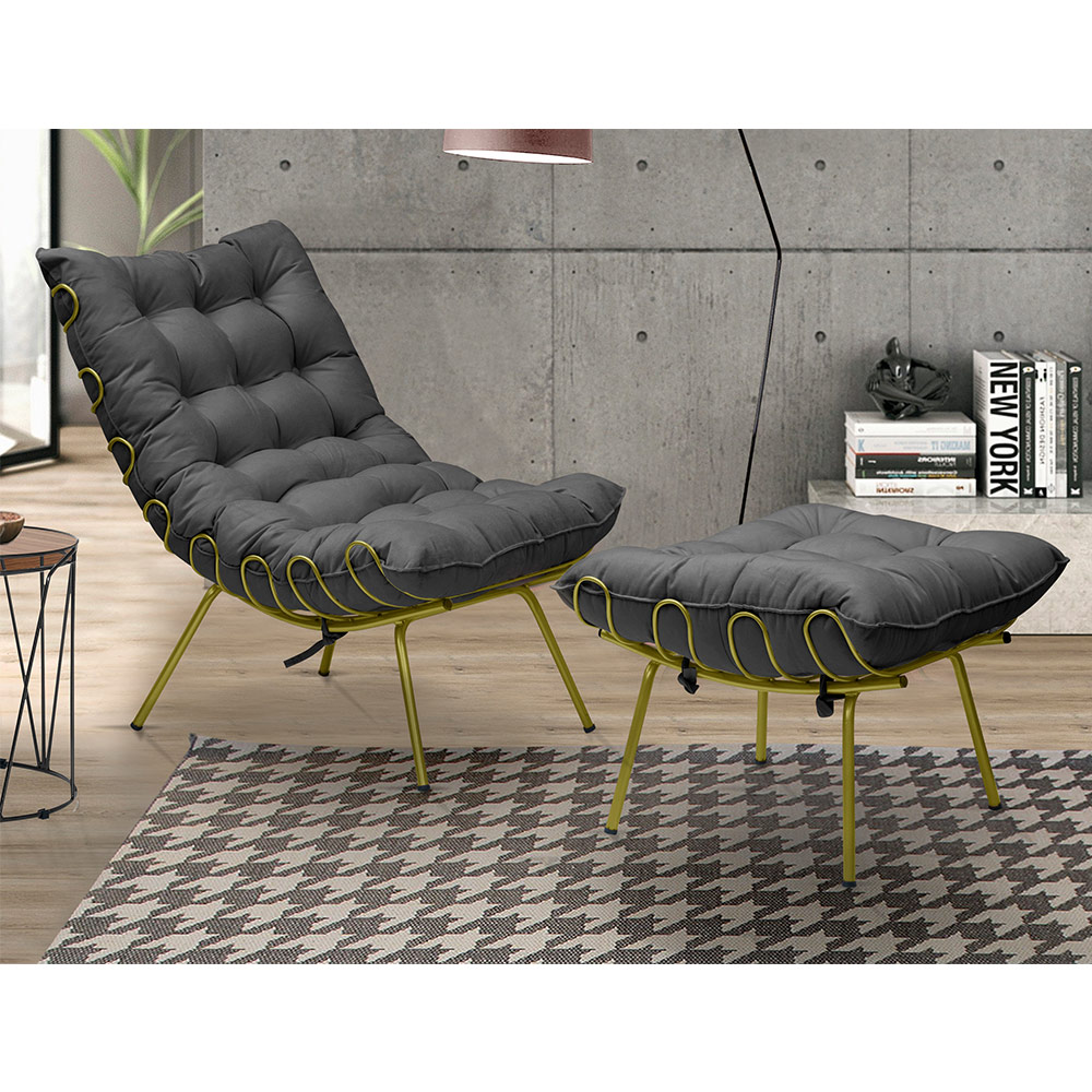 Conjunto Decorativo Poltrona e Puff Abel Base de Ferro Dourada Suede Cinza G41 - Gran Belo