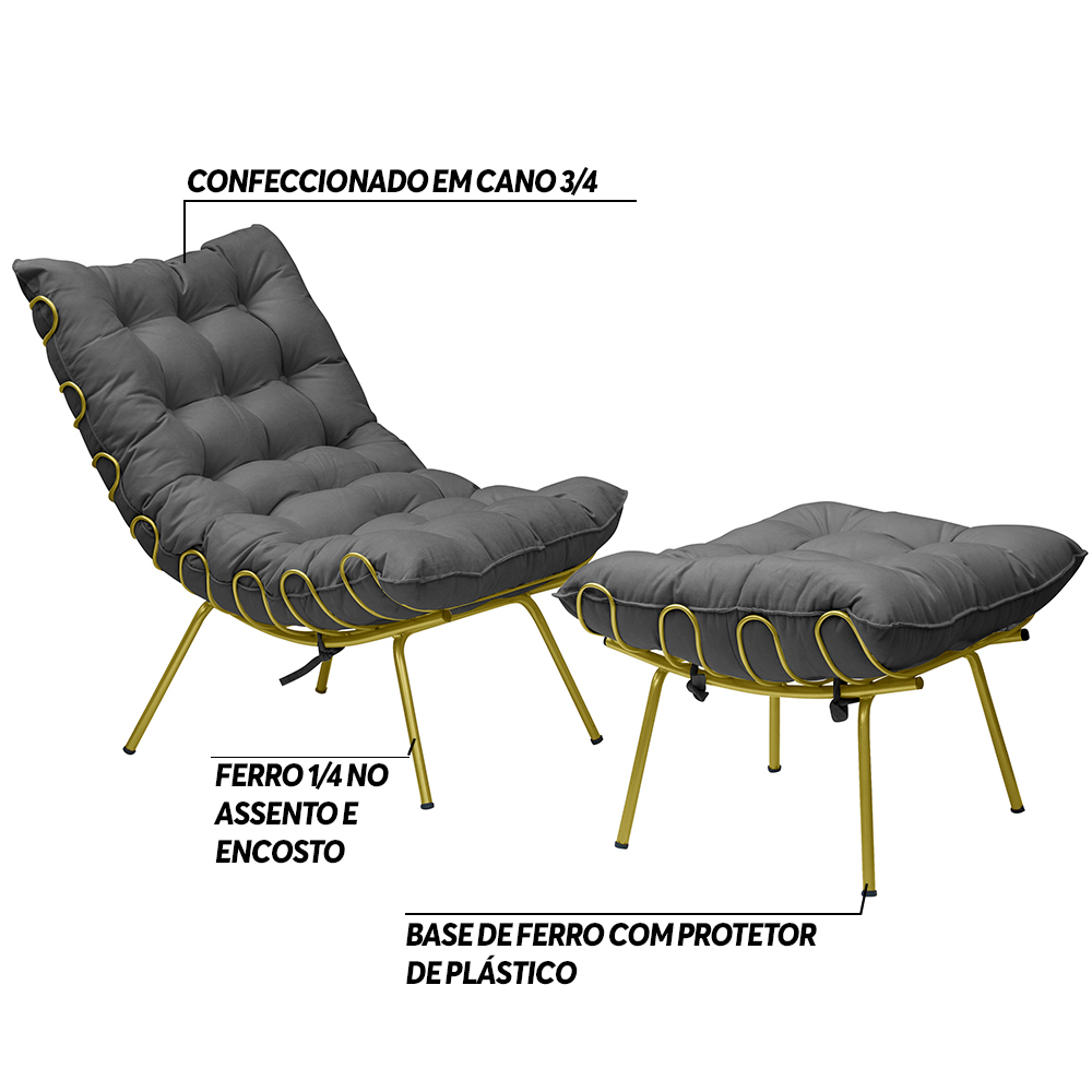 Conjunto Decorativo Poltrona e Puff Abel Base de Ferro Dourada Suede Cinza G41 - Gran Belo