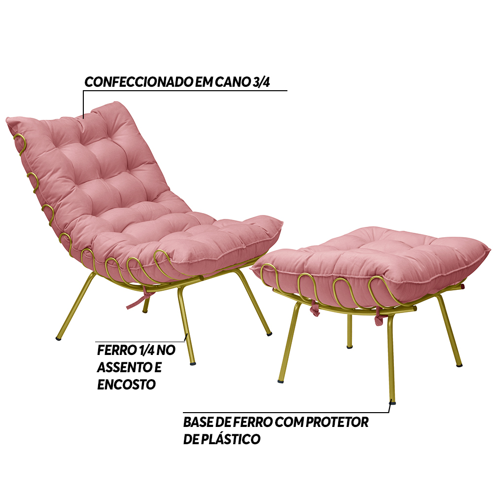 Conjunto Decorativo Poltrona e Puff Abel Base de Ferro Dourada Suede Rosa G41 - Gran Belo