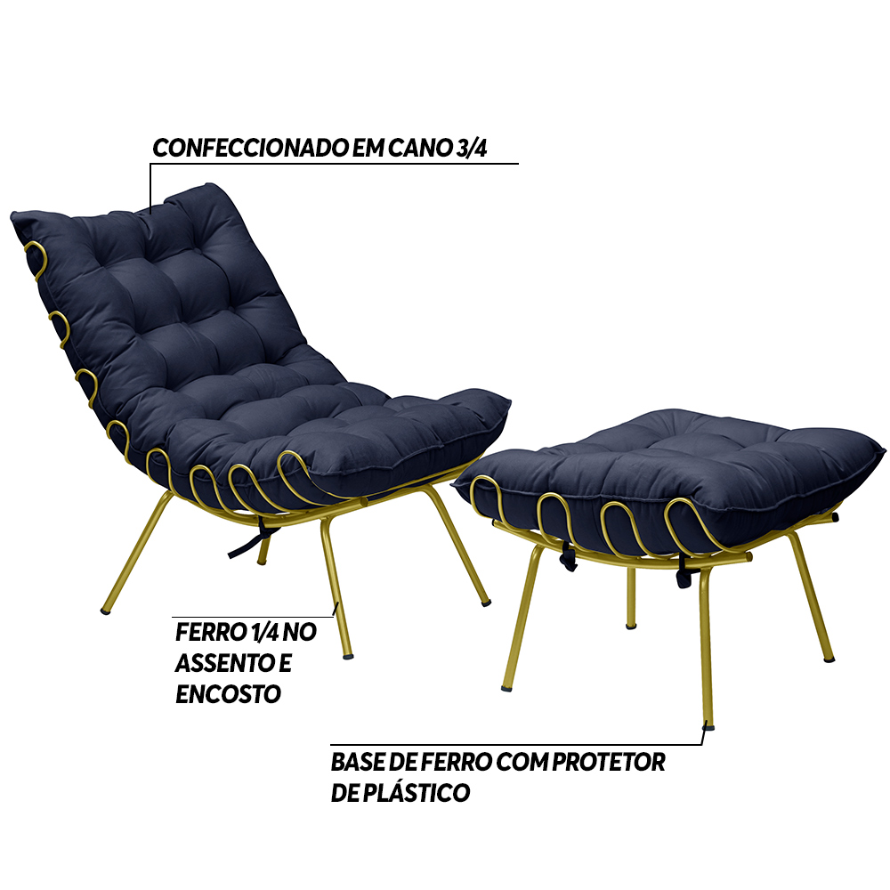 Conjunto Decorativo Poltrona e Puff Abel Base de Ferro Dourada Veludo Azul G41 - Gran Belo