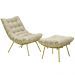 Conjunto Decorativo Poltrona e Puff Abel Base de Ferro Dourada Veludo Bege G41 - Gran Belo