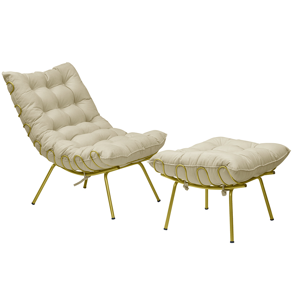 Conjunto Decorativo Poltrona e Puff Abel Base de Ferro Dourada Veludo Bege G41 - Gran Belo