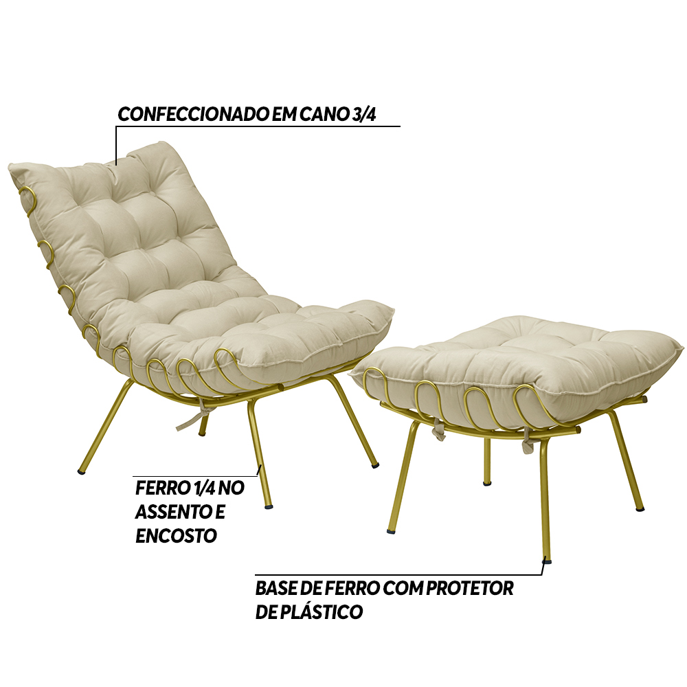 Conjunto Decorativo Poltrona e Puff Abel Base de Ferro Dourada Veludo Bege G41 - Gran Belo