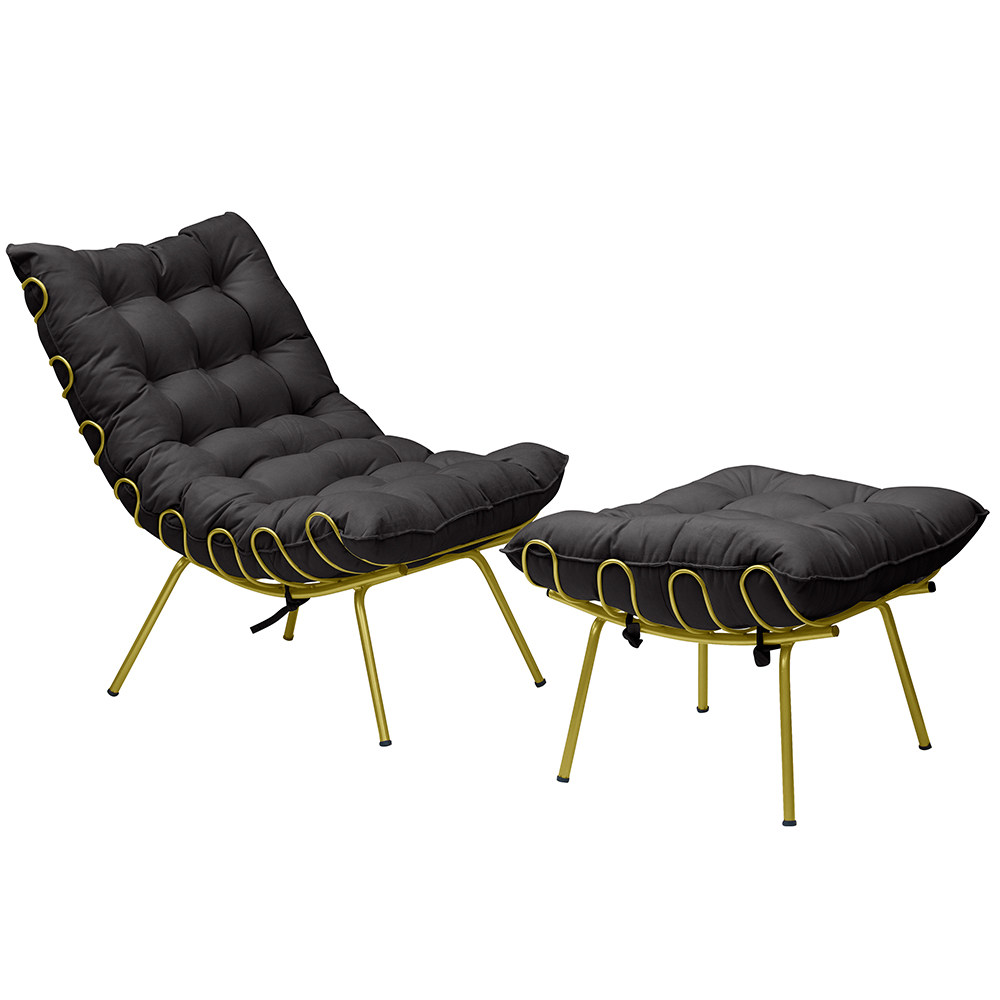 Conjunto Decorativo Poltrona e Puff Abel Base de Ferro Dourada Veludo Preto G41 - Gran Belo