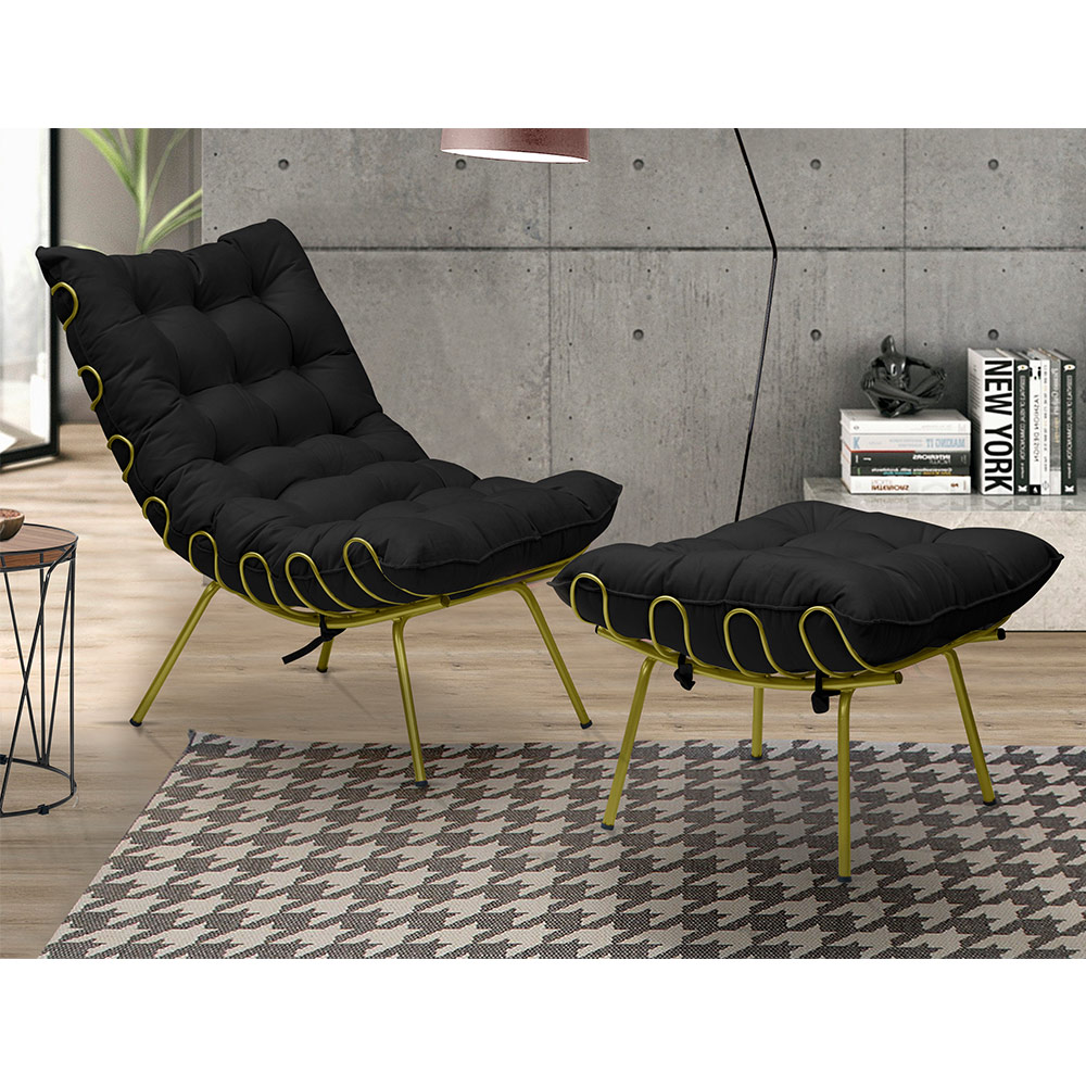 Conjunto Decorativo Poltrona e Puff Abel Base de Ferro Dourada Veludo Preto G41 - Gran Belo