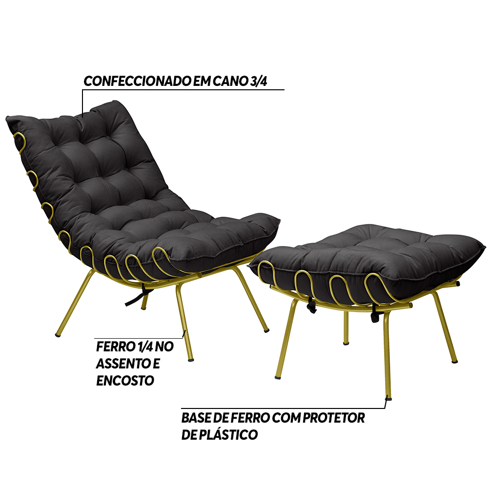 Conjunto Decorativo Poltrona e Puff Abel Base de Ferro Dourada Veludo Preto G41 - Gran Belo