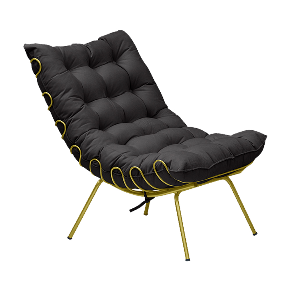 Conjunto Decorativo Poltrona e Puff Abel Base de Ferro Dourada Veludo Preto G41 - Gran Belo