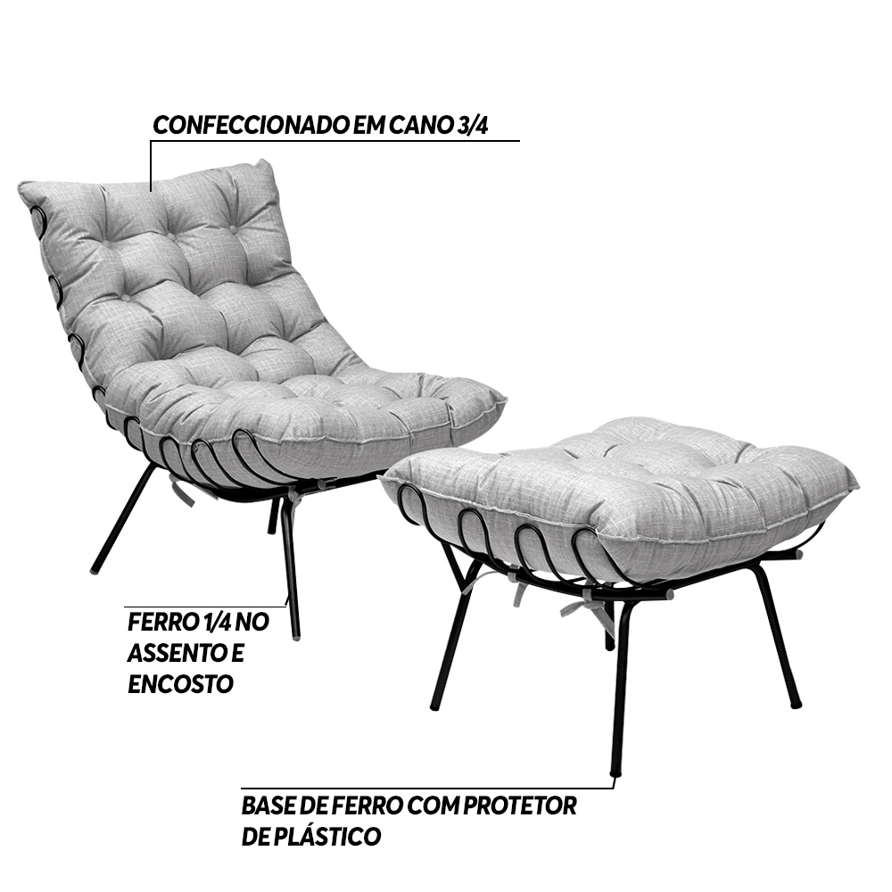 Conjunto Decorativo Poltrona e Puff Abel Base de Ferro Preto Linho Cinza G41 - Gran Belo