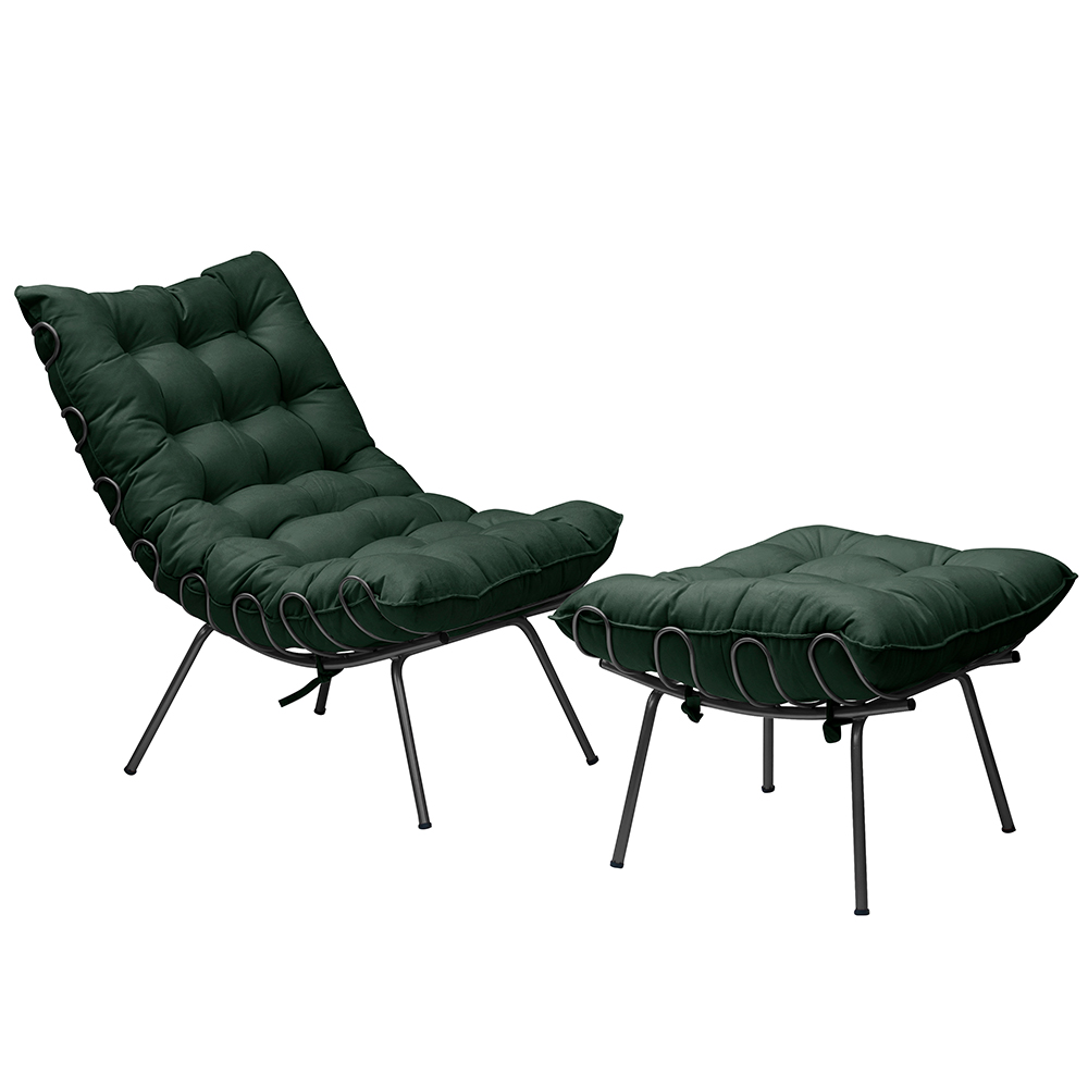 Conjunto Decorativo Poltrona e Puff Abel Base de Ferro Preto Suede Verde G41 - Gran Belo
