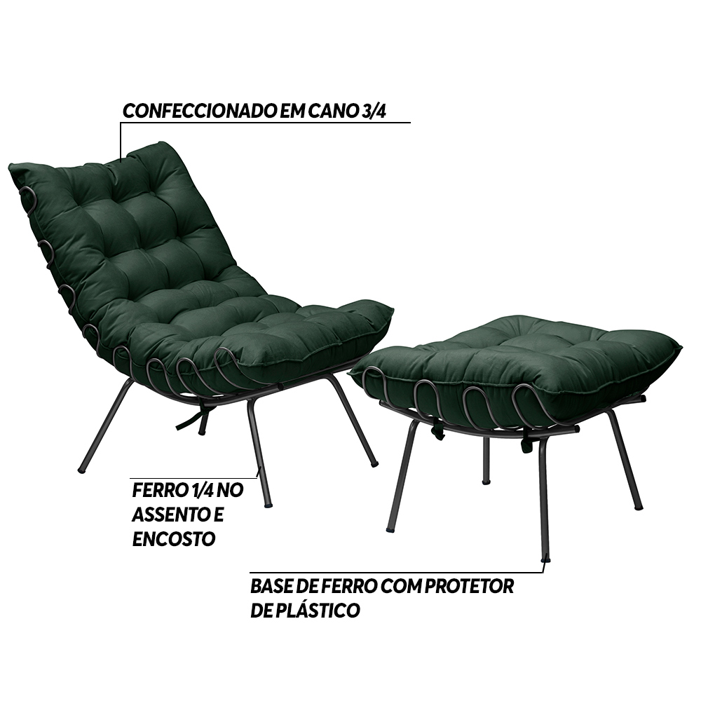 Conjunto Decorativo Poltrona e Puff Abel Base de Ferro Preto Suede Verde G41 - Gran Belo