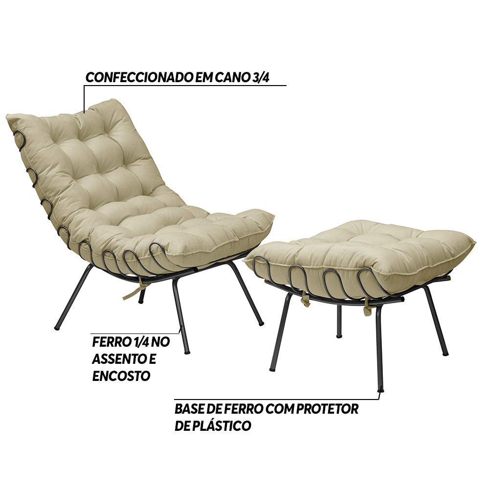 Conjunto Decorativo Poltrona e Puff Abel Base de Ferro Preto Veludo Bege G41 - Gran Belo
