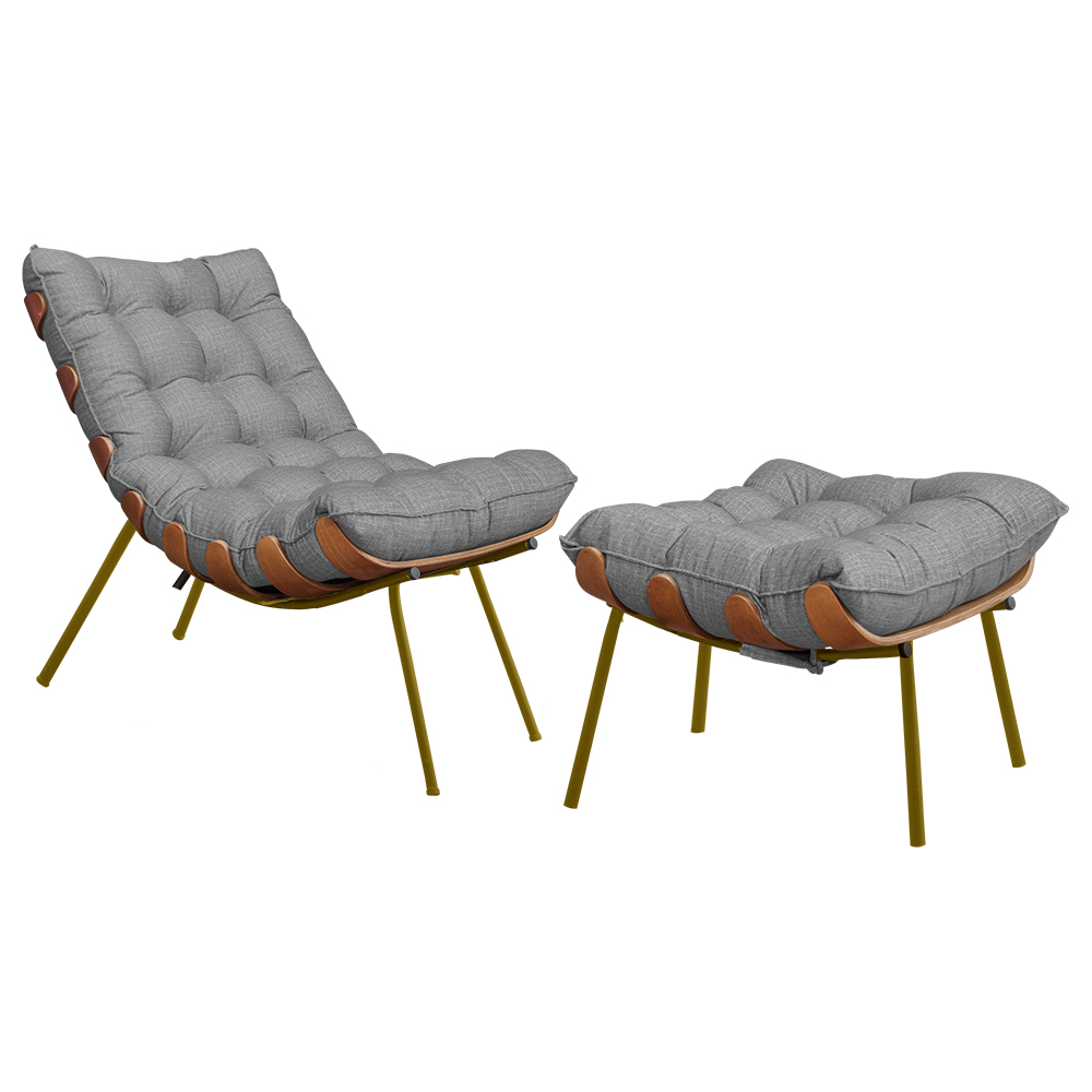 Conjunto Decorativo Poltrona e Puff Abel Base de Madeira Dourada Linho Cinza G41 - Gran Belo