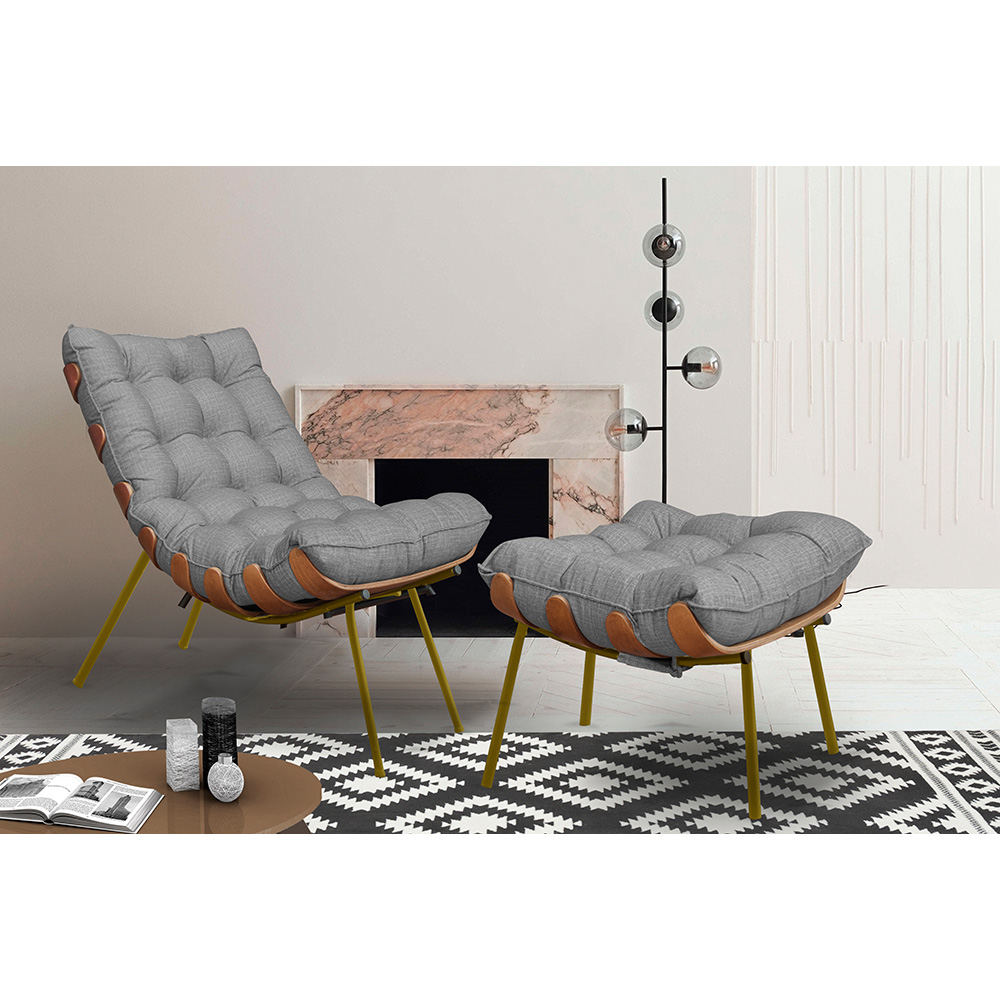 Conjunto Decorativo Poltrona e Puff Abel Base de Madeira Dourada Linho Cinza G41 - Gran Belo