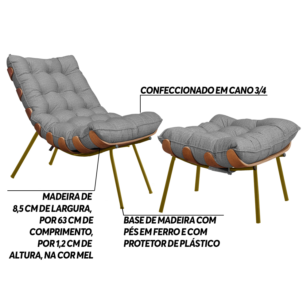 Conjunto Decorativo Poltrona e Puff Abel Base de Madeira Dourada Linho Cinza G41 - Gran Belo