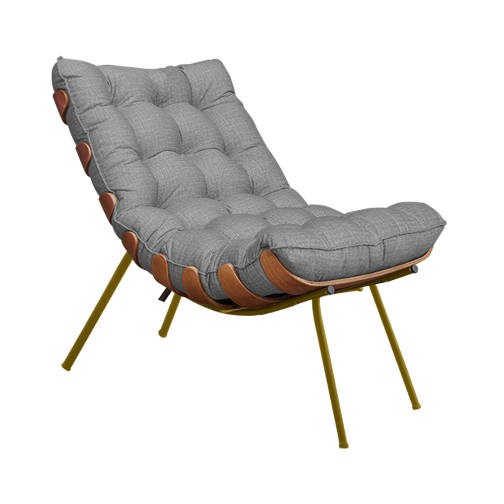 Conjunto Decorativo Poltrona e Puff Abel Base de Madeira Dourada Linho Cinza G41 - Gran Belo