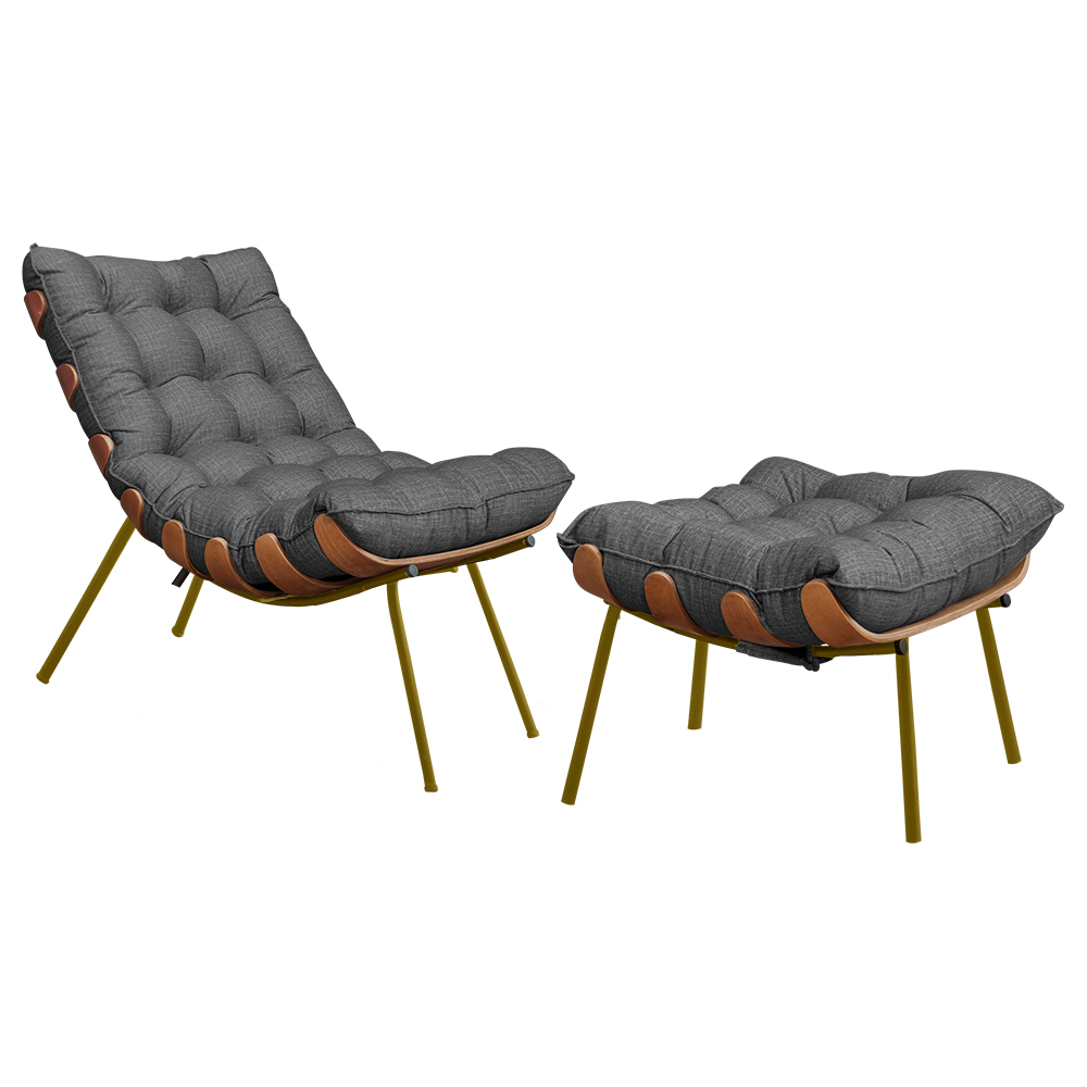 Conjunto Decorativo Poltrona e Puff Abel Base de Madeira Dourada Linho Grafite G41 - Gran Belo