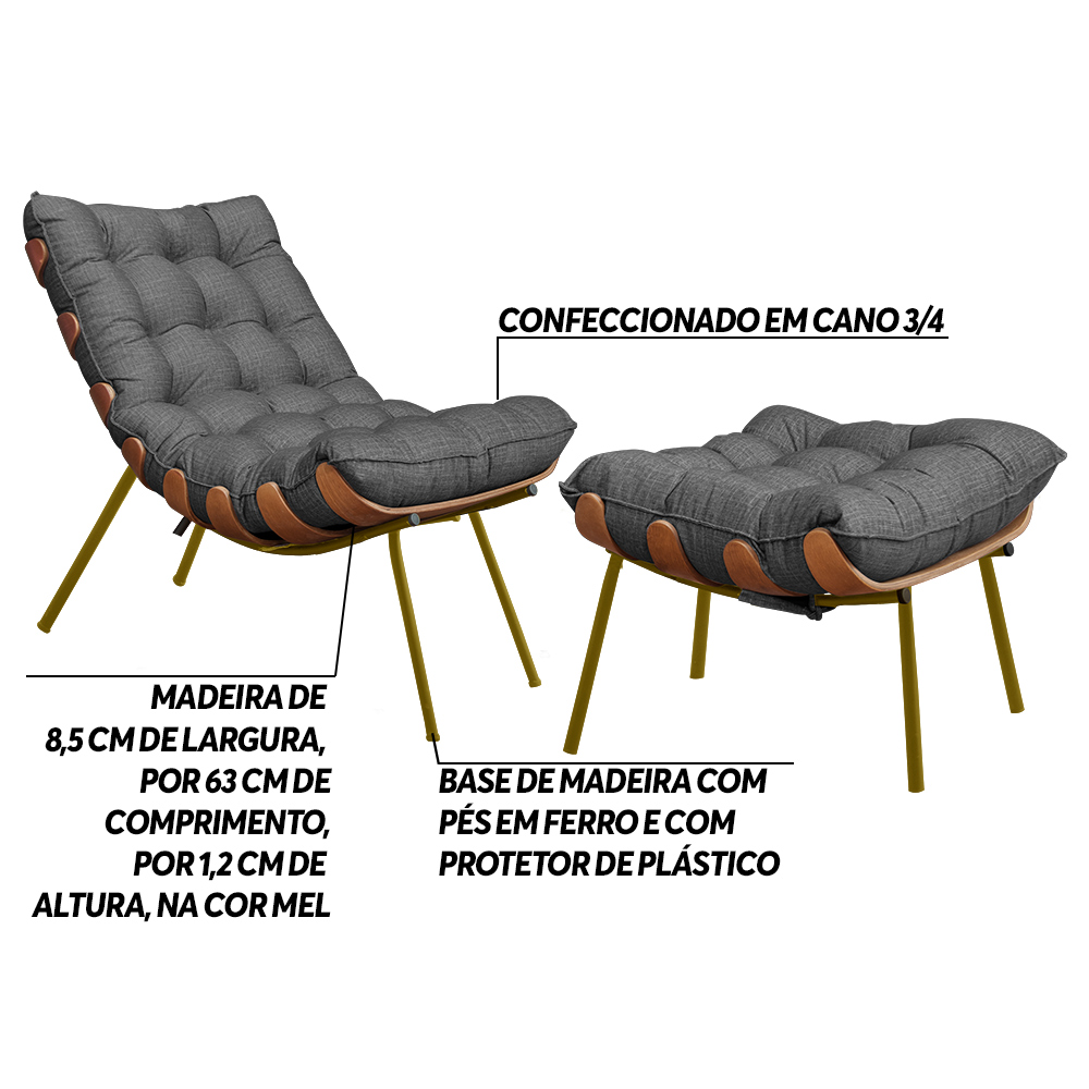 Conjunto Decorativo Poltrona e Puff Abel Base de Madeira Dourada Linho Grafite G41 - Gran Belo
