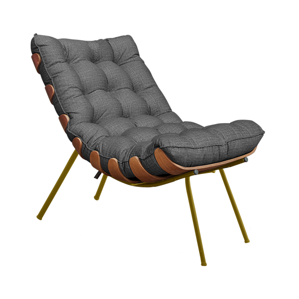 Conjunto Decorativo Poltrona e Puff Abel Base de Madeira Dourada Linho Grafite G41 - Gran Belo