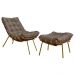 Conjunto Decorativo Poltrona e Puff Abel Base de Madeira Dourada Linho Marrom G41 - Gran Belo
